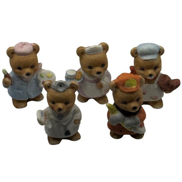 Vintage Homco Set Of 5 Mini Ceramic Bear Figurines In Career Costumes 8820 2" - Picture 1 of 9